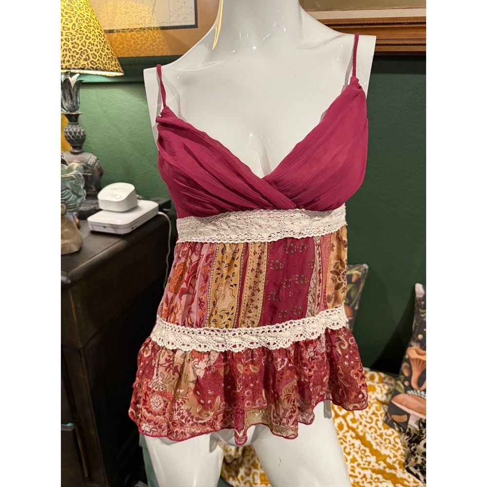 Soulmates Boho Patchwork Floral Lace Trim Cami Top Burgundy Pink Tiered Ruffle